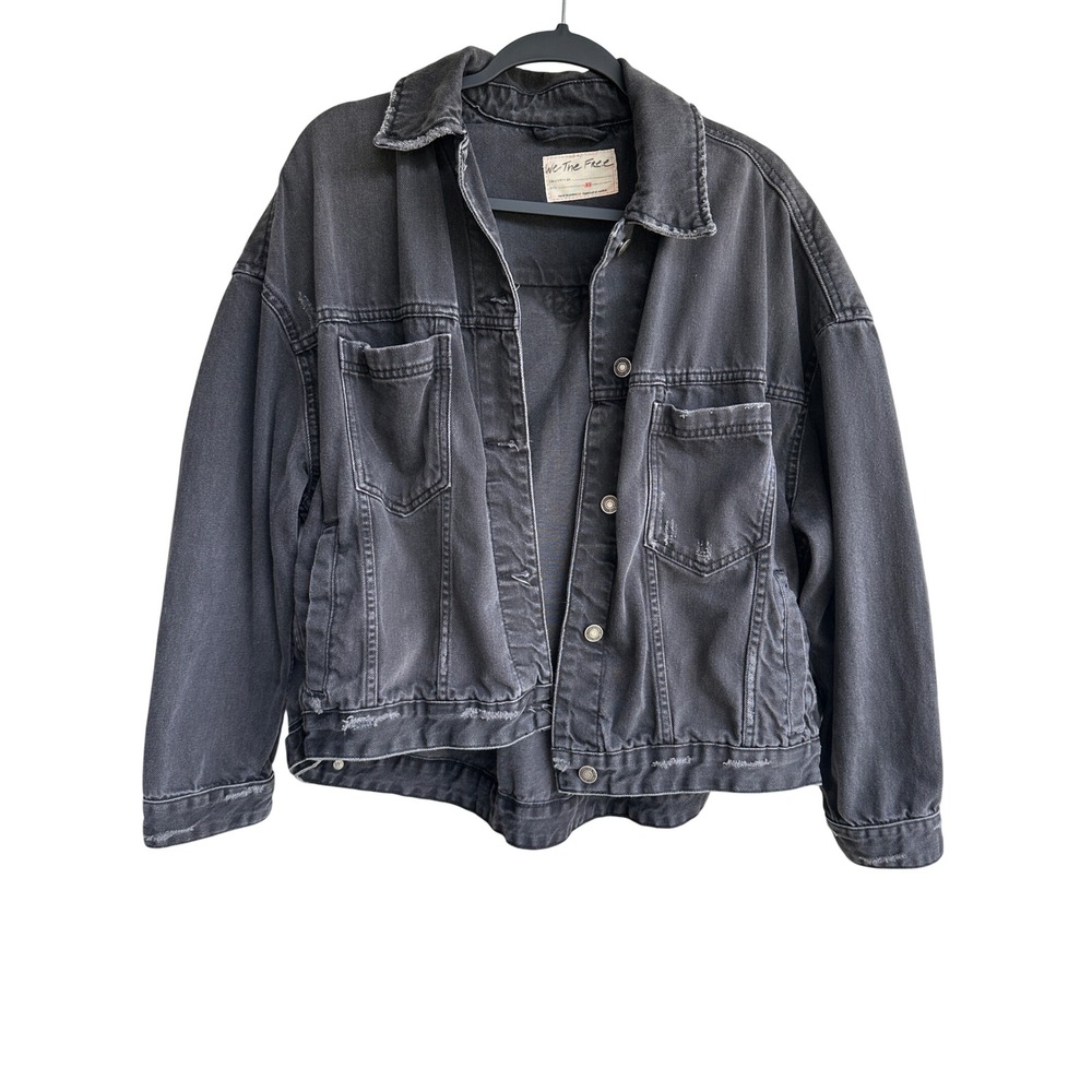 We The Free People Opal Swing Denim Jean Jacket Black Oversized Distressed XS